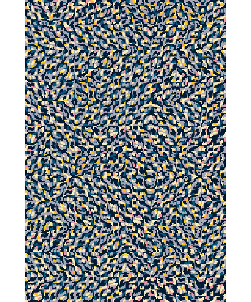 A complex pattern of blocky shapes in dark blue, medium blue-gray and light straw color with flecks of red-orange, saffron and deep blue appears to swirl as its underlying symmetries emerge.