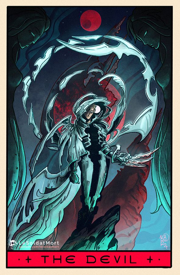Illustration of Millions Knives from Trigun in style of a tarot card The Devil. His design is a mix of Trigun Stamepede show and the original manga. He is perching up on a rock, his knives and wings swirling around him while two plant figures frame the piece from both sides. There is a red moon on top on the picture and ruin of a spaceship in the background.