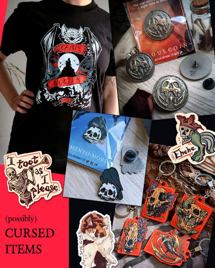 Promo of various original merchandise (stickers, t-shirt, wooden keychains and enamel pins)