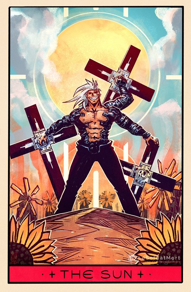 Tarot card stylized fanart of Razlo from Trigun titled "The Sun". The character is standing in the middle, holding a cross in each of his hands, smiling at the viewer. There are windmills in the back plane reflecting the sunflowers in the front. Huge circle symbolizing the sun is up on the sky behind Razlo and lines around it suggest the symbol of the Eye of Michael. The picture is very vibrant.