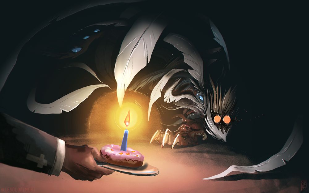 Digital painting of Wolfwood handing a donut with a candle on a plate to an uncanny monster Vash crawling from the darkness to claim his treat (and give WW the best smooches afterwards ofc).