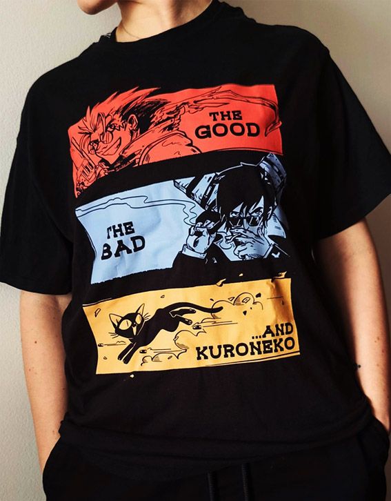 Photo of a person wearing a t-shirt. The Trigun design is based on a western movie "The Good, The Bad and The Ugly" from 1966 but the last line is replaced by a black cat and title "...and Kuroneko"