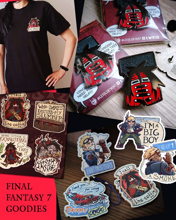 Promo photo of various FF7 themed merchandise (stickers, t-shirt, enamel pins and wooden keychains and charms)