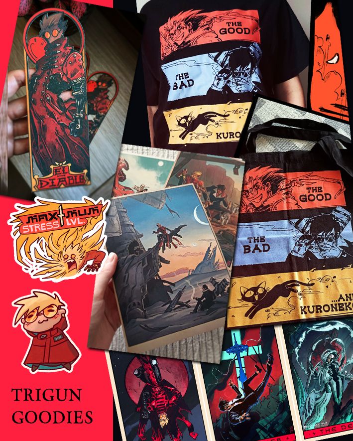Promo photo of various Trigun themed merchandise (stickers, t-shirt, prints and bookmark)
