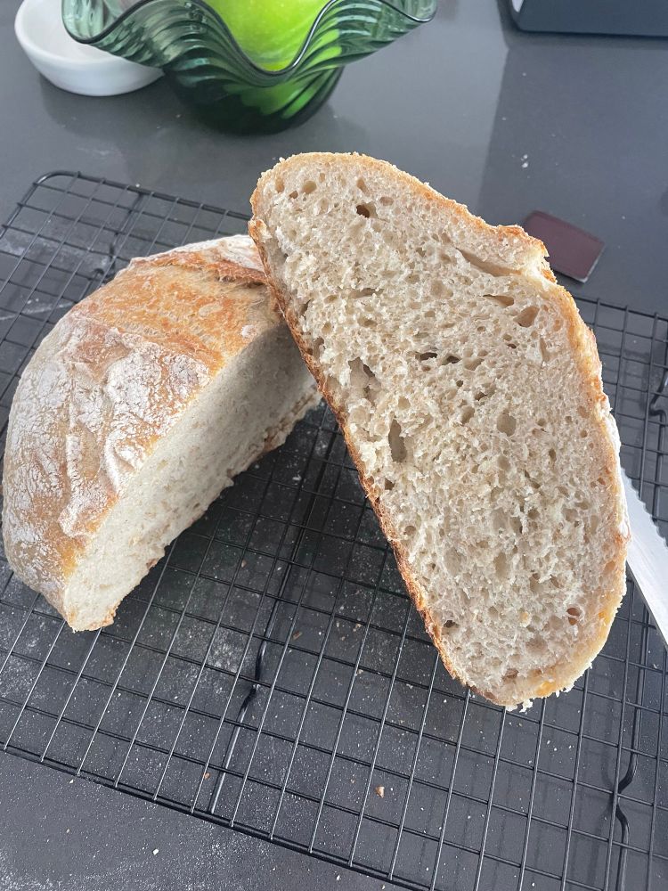Loaf or sourdough bread cut in half to see the crumb. 