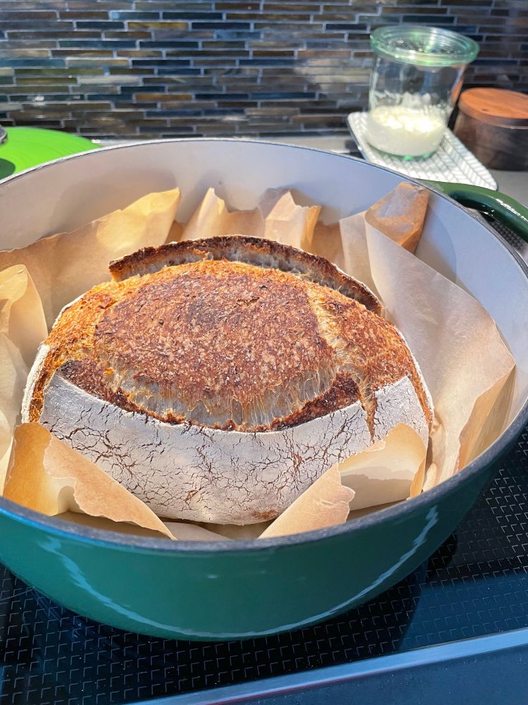 A well-browned loaf of sourdough bread in a green Dutch oven. 