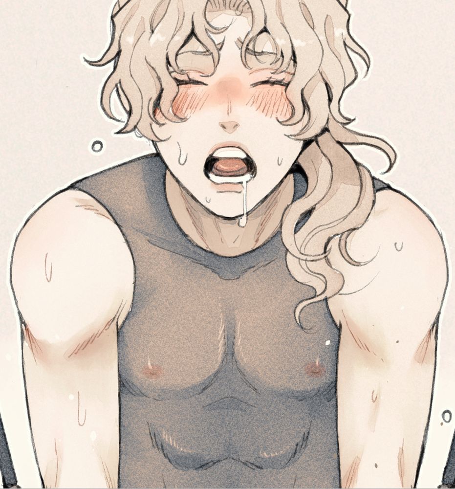 A close-up illustration of a muscular, long-haired character with light skin and flushed cheeks. The character is wearing a dark, sleeveless top and appears to be sweating heavily, with their mouth open and drool dripping from their lips. Their expression is one of intense exhaustion or emotional release, eyes closed and brows slightly furrowed. The drawing style is soft and textured, with muted colors and gentle shading.