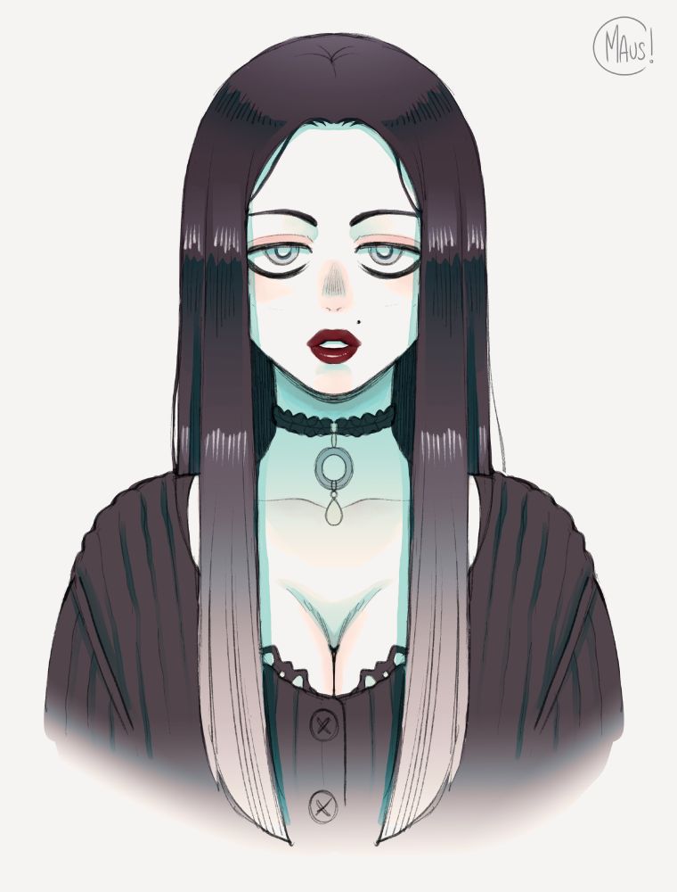 The image is a stylized digital portrait of a woman with a gothic aesthetic. She has long, straight hair that fades from deep black at the top to a pale silver at the ends. Her skin tone is very light with a faint bluish hue, and she wears dark red lipstick that stands out against her complexion. Her expression is calm but detached, with half-lidded eyes that give her a mysterious, almost eerie presence. She’s dressed in a low-cut black top with vertical stripes and buttons, and a black choker with a circular pendant and teardrop ornament. The muted colors and soft shading enhance the elegant, somber mood of the illustration.
