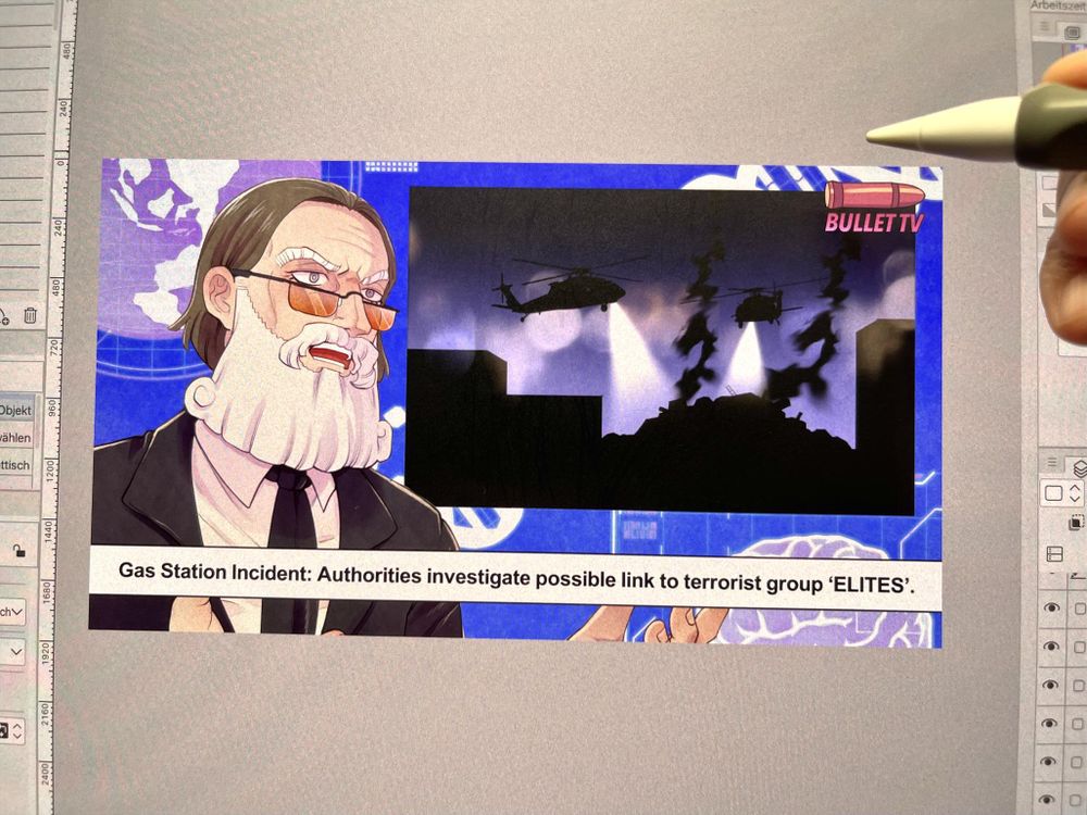 The image shows a comic panel designed like a TV news broadcast. On the left, a stern-looking news anchor with long brown hair, a white beard, and tinted glasses speaks into the camera. He’s wearing a dark suit, white shirt, and black tie. Behind him, the backdrop displays a blue-toned world map.

On the right side of the panel, there’s an inset image showing two helicopters flying over a burning area, with smoke rising into the night sky. The top right corner bears the logo “BULLET TV.”

A news ticker at the bottom reads:
“Gas Station Incident: Authorities investigate possible link to terrorist group ‘ELITES’.”