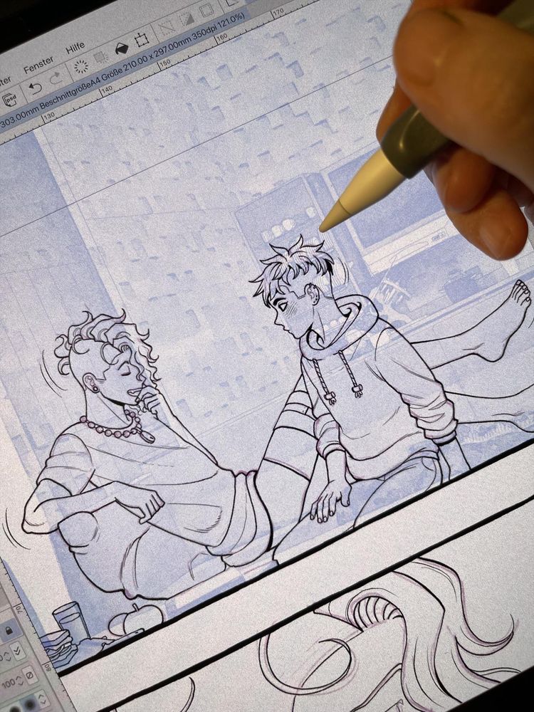 The image shows a comic panel sketch featuring Derek and Gogo sitting together on a couch. Derek, on the left, is sitting casually with one knee drawn up and an elbow resting on it. He’s wearing a loose shirt and his beaded necklace with a lock pendant, smiling while looking toward Gogo. Gogo, on the right, is turned toward Derek with an attentive expression. There are a few cups and plates on the table in front of them, and faint background details suggest a cozy living room setting.