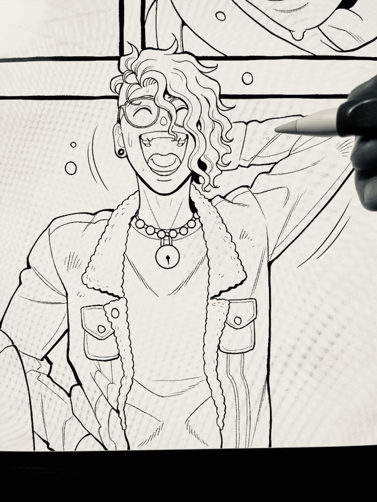 Black-and-white comic panel showing Derek mid-laughter, with his mouth open wide and one arm bent behind his head in a casual, slightly bashful pose. He wears round glasses, a fluffy shearling jacket, a necklace with a lock pendant, and a confident grin. The hand of the artist holding a stylus is visible on the right, suggesting this is a work-in-progress screenshot from a digital drawing.