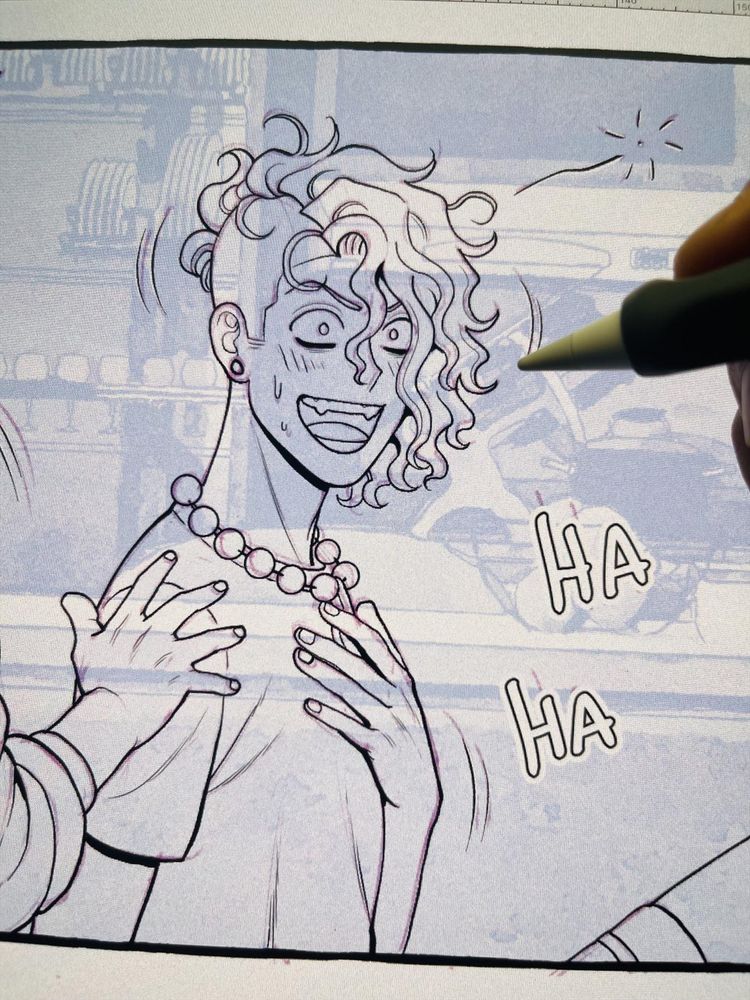 The image shows Derek with one side of his head shaved and curly hair on top, wearing a beaded necklace. His eyes are wide open, and he’s sweating slightly while laughing nervously with his mouth open. One of his hands rests on his chest, and another person’s hand is reaching toward him. The sound effect “HA HA” appears beside him.