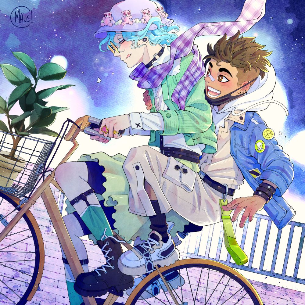 Two guys in fancy clothes riding a bike. The one sitting in front is very tall, light-skinned and has blue hair, wears golden glasses and a granny-inspired outfit. The one sitting on the back has tanned skin, wears a denim jacket with buttons on it, a sand-colored jumpsuit and chunky sneakers. It seems like they are joyfully riding up a hill, transporting  a rubber tree to decorate their home. 