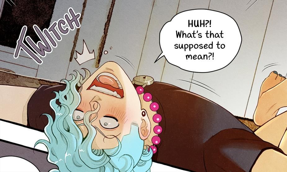 The image shows Derek lying on his back across a surface, upside-down from the viewer’s perspective. His head is tilted back, mouth open in a wide, startled yell. His eyes are wide with a small highlight indicating shock. His turquoise hair falls downward toward the bottom of the panel. The sound effect “Twitch” appears beside his head. He’s wearing a beaded necklace with a lock pendant. On the right side of the image, a pair of bare feet—also Derek’s—are visible as his legs extend out of frame. A speech bubble above him reads: “HUH?! What’s that supposed to mean?!”