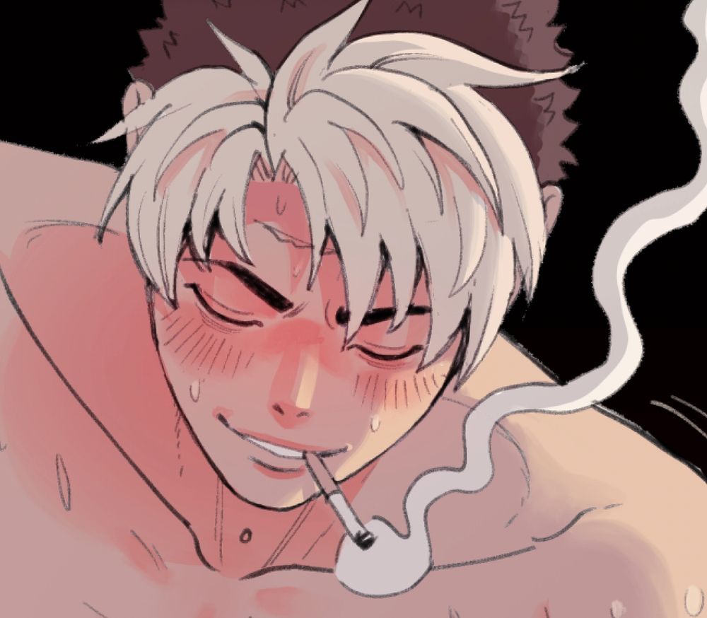 The image shows a close-up illustration of a young man with short, spiky hair and a light streak of white or blonde in his bangs. His face is flushed, covered in a light sheen of sweat, and he has a small, satisfied smile. A cigarette dangles from his lips, with a wisp of smoke curling upward. His expression suggests exhaustion or relief, and his bare shoulders and chest indicate he’s not wearing a shirt. The warm lighting and soft shading give the image a very intimate, emotional tone.