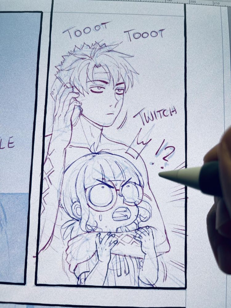 The sketch shows two characters in one comic panel. At the top, Andy is holding a phone to his ear. He has short, spiky hair. The text “TOOOT TOOOT” appears above him, indicating the sound of a ringing phone. Below him, Elin is drawn with wide, round eyes and an open mouth. She looks startled. The text “TWITCH” and “!?” are written next to her.