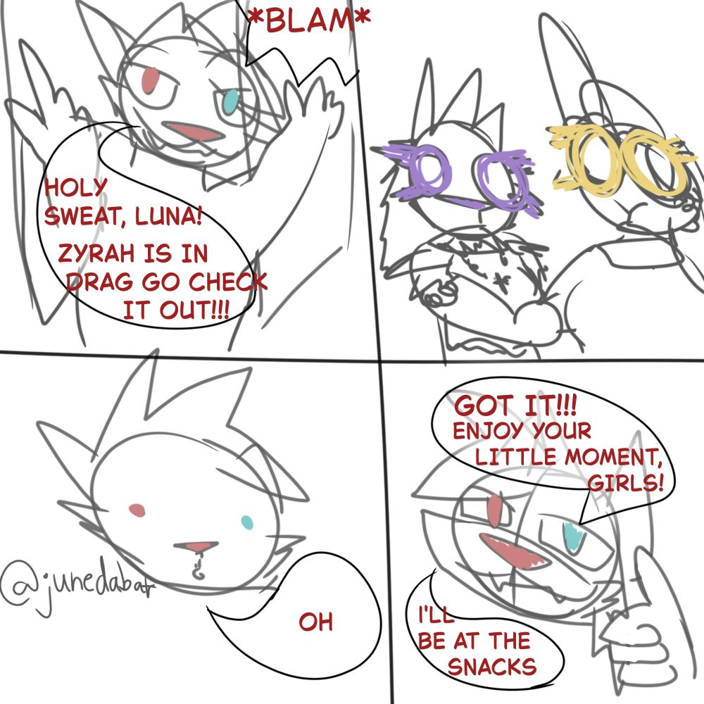 A 4-cell comic strip implied to take place a few seconds after the main drawing.

The first cell shows a wolf guy with red and cyan eyes, named Dunkel, Luna's brother. Who abruptly enters the room, slamming the door, while excitedly saying "Holy sweat, Luna! Zyrah is in drag, go check it out!" (Zyrah is a royal guard in the story).

The second cell shows Luna and Ana's surprised looks as they turn back to face Dunkel.

The third cell shows Dunkel's reaction, as he realizes Luna and Ana were having a romantic moment. He simply says "Oh."

The final cell shows Dunkel's smile returning as he says "Got it! Enjoy your little moment, girls! I'll be at the snacks."