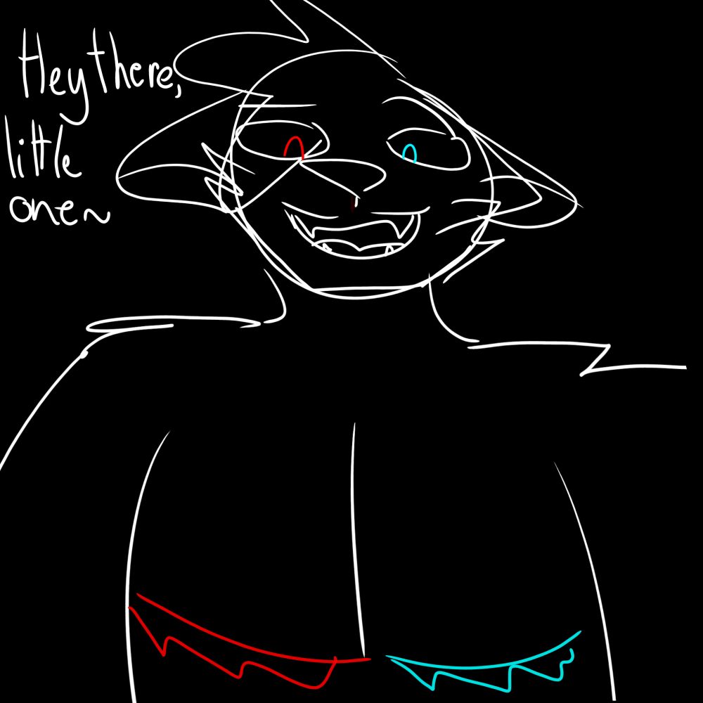 Sketch of Dunkel the wolf seen looking over you and saying "Hey there, little one~"
