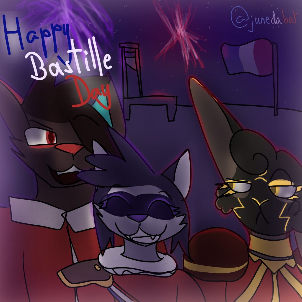 Drawing of Luna the wolf, Dunkel the wolf and Ana the rabbit.

Luna is smiling innocently while Dunkel smirks and Ana, as a princess, seems displeased. In the background, is a guillotine, the French flag as well as fireworks.

In the foreground is written "Happy Bastille Day"