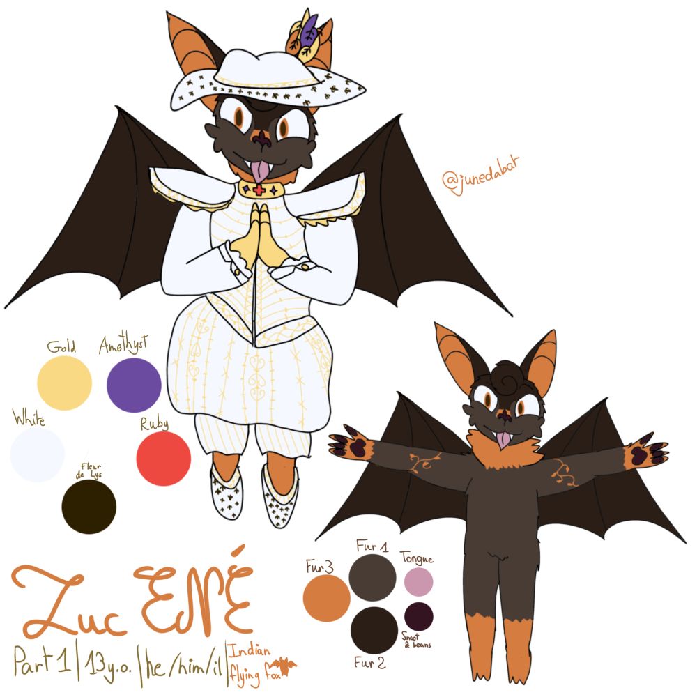 Reference shit of an Indian Flying Fox bat character with shades of brown and orange. He is 13 years old, his pronouns are he/him/il and he wears white prince clothing with golden details on it. He also wears a large hat with orange, yellow and purple feathers on it.

There is one view of him with clothes and one without clothes.