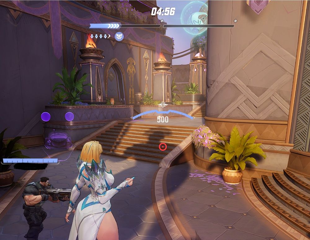 A screenshot of Marvel Rivals, with Punisher looking at a wall and Emma Frost riding on the point with a strange ghost face haunting her.