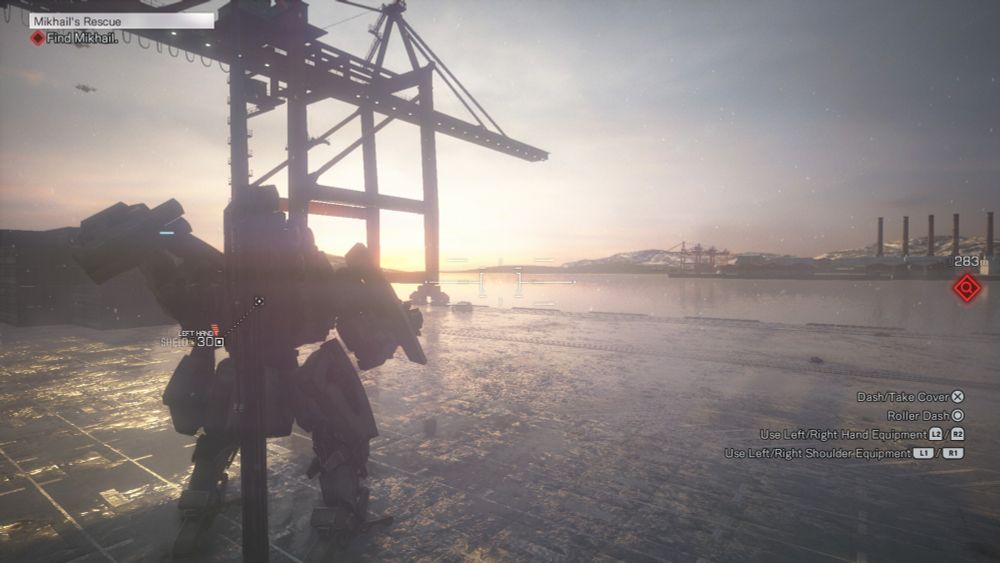 Screenshot from Left Alive. A mech stands on a harbour. 