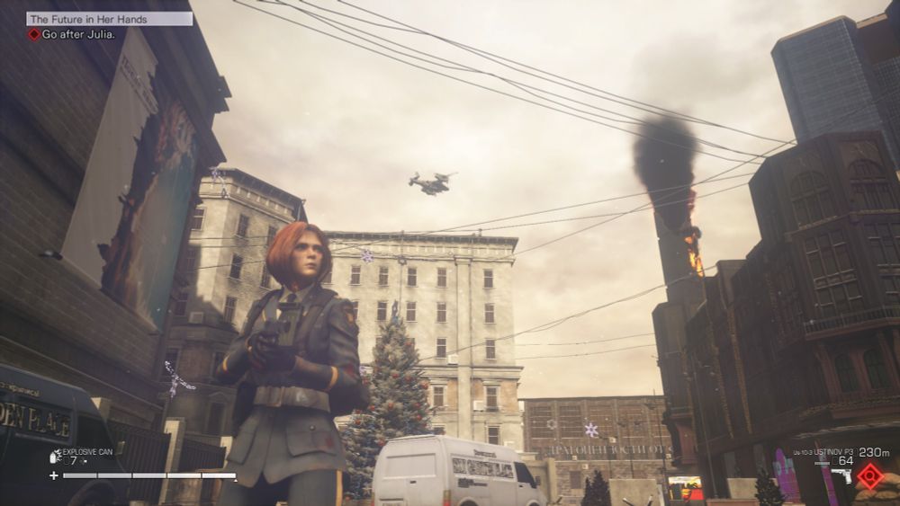 Screenshot from Left Alive. A police woman stands in a Soviet looking city. 
