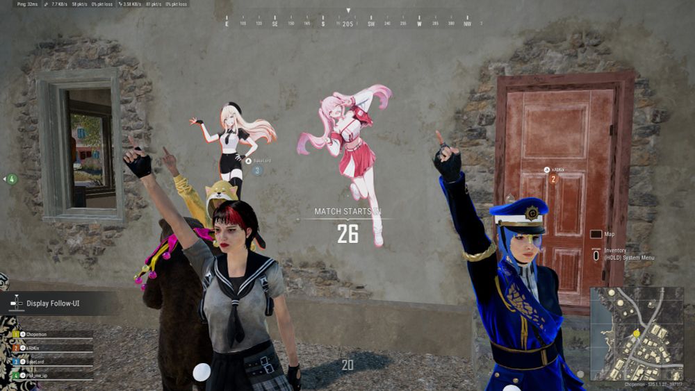 Characters dancing in front of a wall that has anime characters sprayed on to it. Screenshot from PUBG 