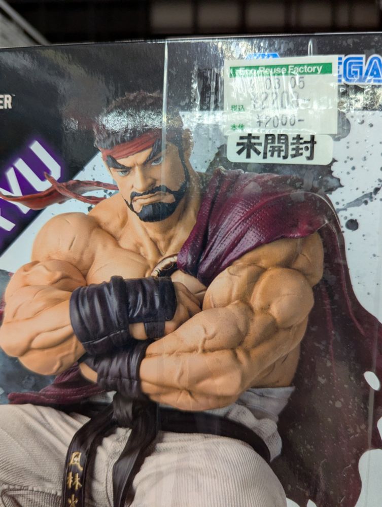 Photo of a Ryu from Street Fighter 6 plastic figure. He looks like he voted for Brexit and lost his job because of it, and his vapid wife can't afford her Botox, and he might have to end the lease on their 4x4.