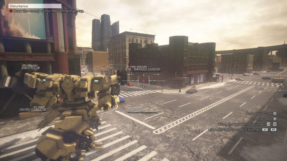 Screenshot from Left Alive. A mech moves through a city. 