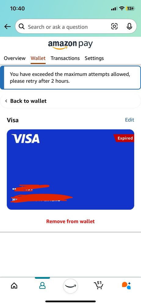 Screenshot of Amazon wallet deletion error