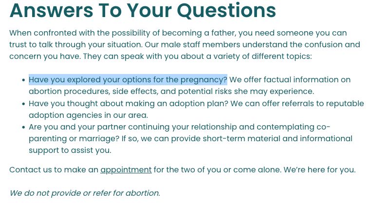 A snippet of text from an abortion crisis pregnancy center website's "For Men" section.