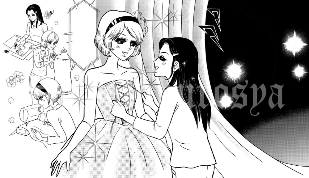 ０年代少女漫画風のイラスト　女子学生がファッションコンテストに出場するマンガ風イラスト　レトロ少女漫画