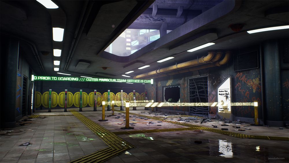 A render of 3D environment from the Unreal Engine 4 game engine depicting a grimy near-near future cyberpunk scene where a medical clinic has been vandalised. 