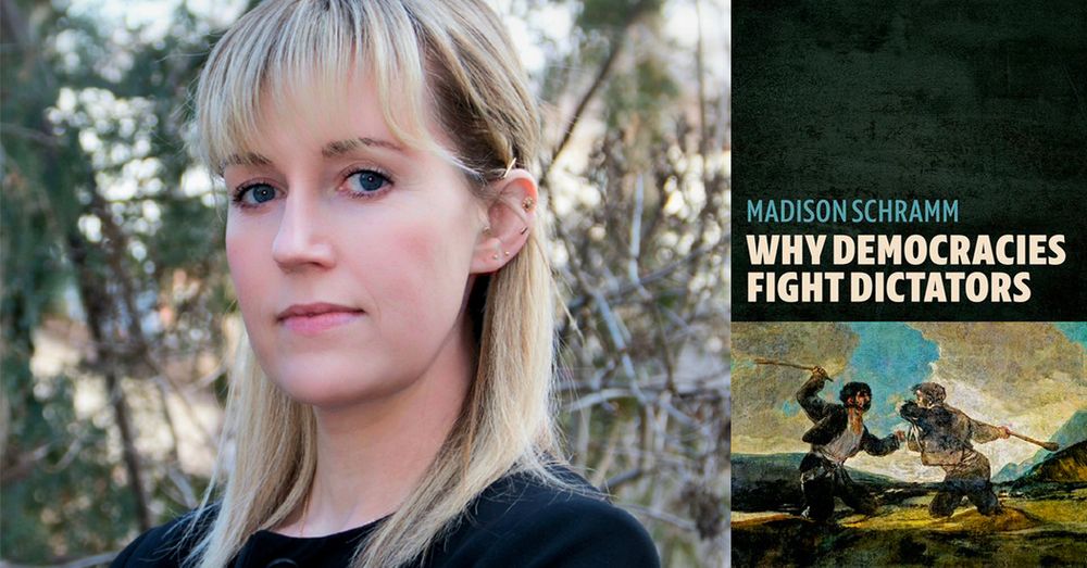 Madison Schramm and the cover of the book, Why Democracies Fight Dictators.