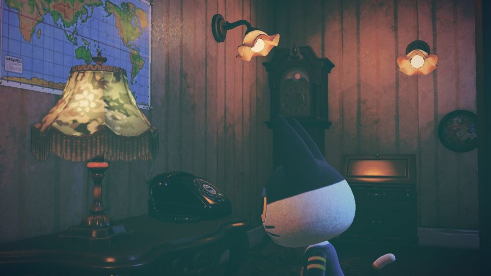 Animal Crossing Cat villager looking at a phone in a creepy hallway