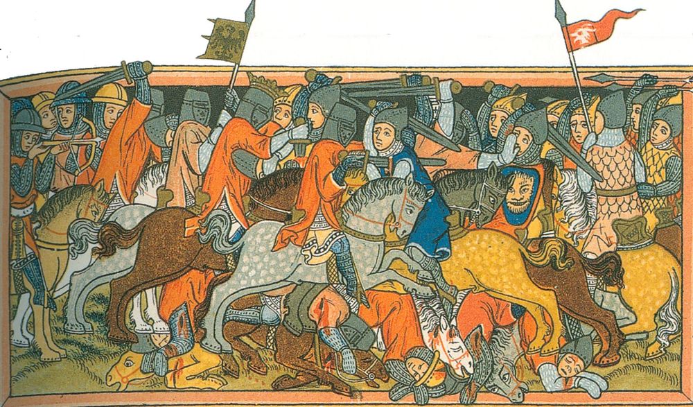 A contemporary (1334) depiction of knights battling at the Battle of Mühldorf in 1322
