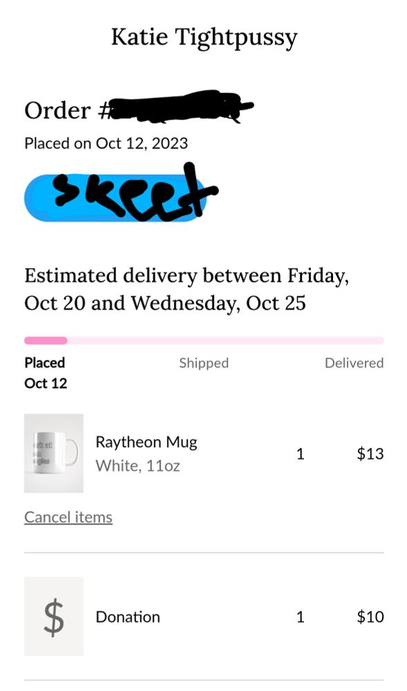 a screenshot of my mug order. The share on Twitter button has been expertly edited to say skeet instead
