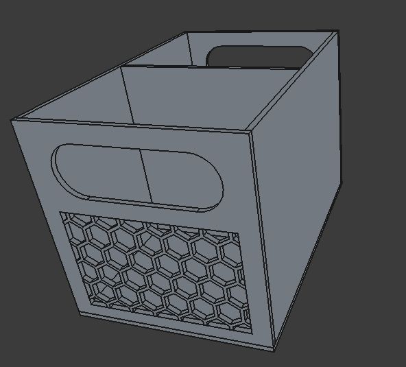 A screenshot of a 3D model of a desk organizer made in FreeCAD. It has a hexagon mesh design and carrying handles.