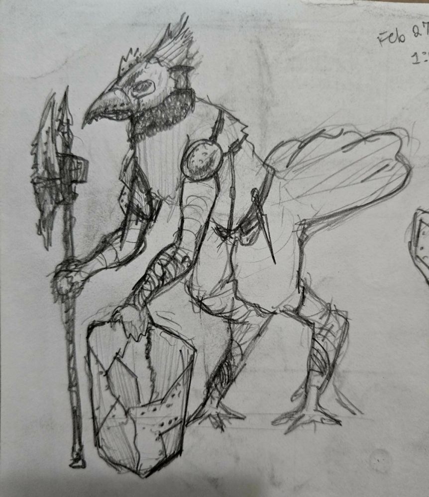 A sketch of an anthopomorphic bird wearing scrap metal plates as armor, standing sideways to display its equipment. The bird has a shield and what appears to be a bardiche, halberd, or battle axe made of scrap metal. The bird is wearing a scrap metal helmet resemlbing those of medeival knights, but conformed to the shape of a bird's head.