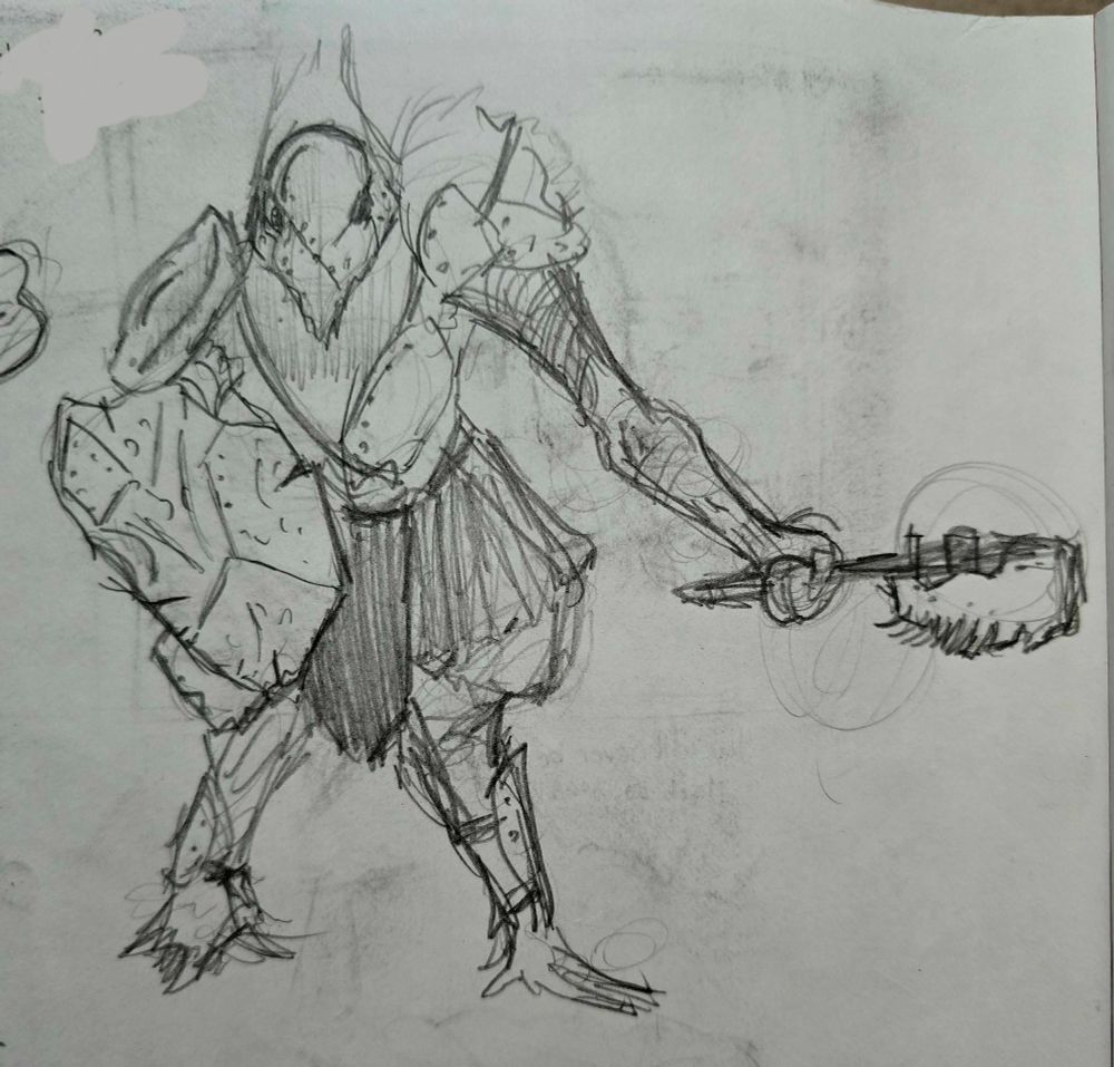 A sketch of an anthropomorphic bird wearing scrap metal plates for armor standing at the ready as if about to engage in combat. The bird is wielding a scrap metal one-handed axe in one hand and a scrap metal shield in the other.