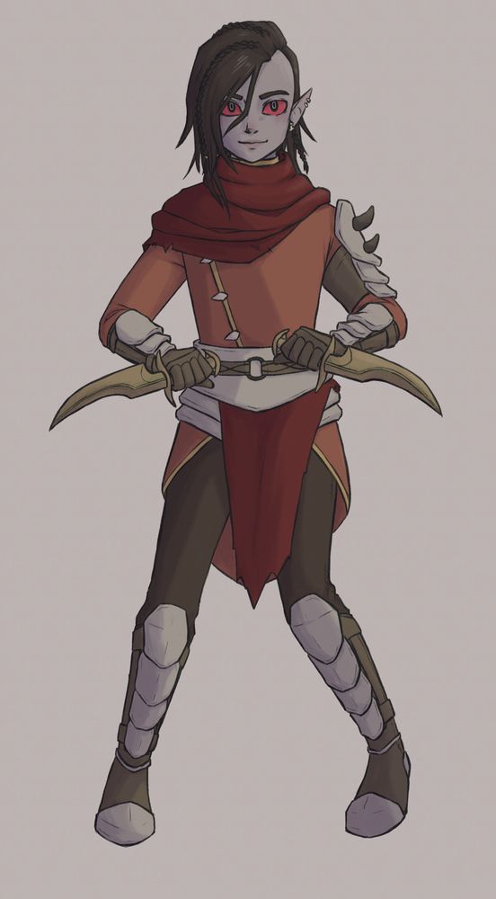 Dark elf with gray skin and dark hair dressed in red and wielding two dragon priest daggers.