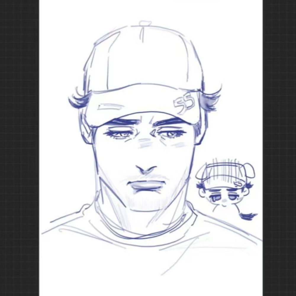 carlos sainz headshot looking gloomy with a chibi on his right
