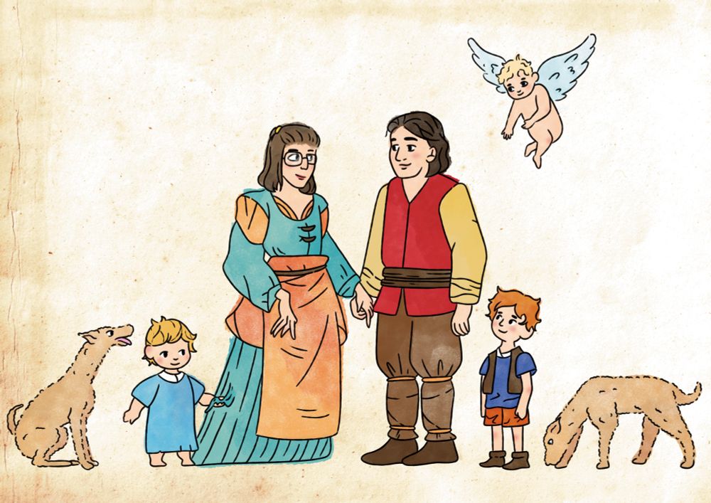 Un couple, deux enfants et deux chiens. Un chérubin.