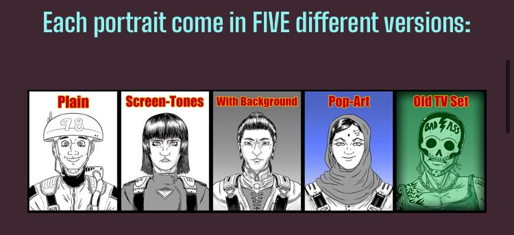A snippet of five character portraits for a sci-fi themed RPG by the artist ashen victor. They are simple but effective line art drawings, showing head and shoulders of various character concepts.