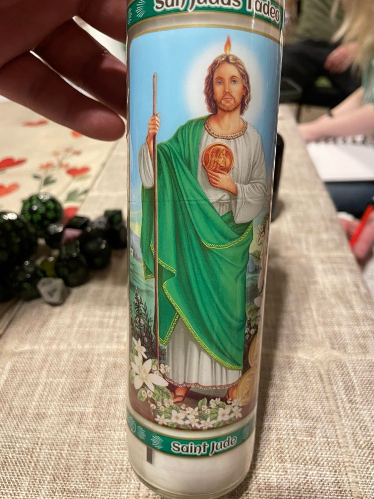 I gave my players a St. Jude prayer candle before the fight started…because I think I’m hilarious. “Hope for the hopeless.”