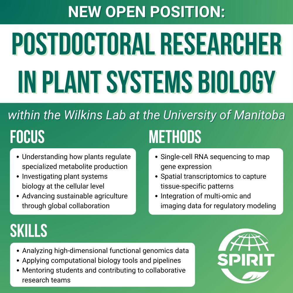 Methods
Skills
New open position:
Postdoctoral Researcher in Plant Systems Biology
within the Wilkins Lab at the University of Manitoba
Focus
Understanding how plants regulate specialized metabolite production
Investigating plant systems biology at the cellular level
Advancing sustainable agriculture through global collaboration
Single-cell RNA sequencing to map gene expression
Spatial transcriptomics to capture tissue-specific patterns
Integration of multi-omic and imaging data for regulatory modeling
Analyzing high-dimensional functional genomics data
Applying computational biology tools and pipelines
Mentoring students and contributing to collaborative research teams