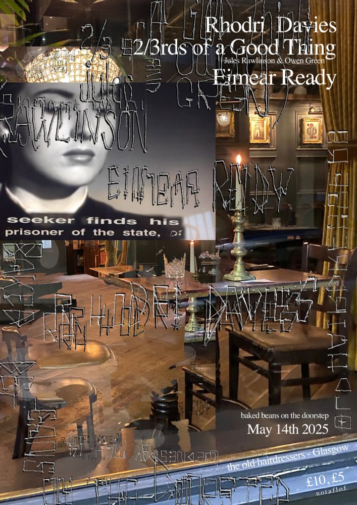 Poster advertising experimental music event featuring Rhodri Davies, Eimear Reidy and 2/3rd of a Good Thing at Old Hairdressers, Glasgow on May 14th