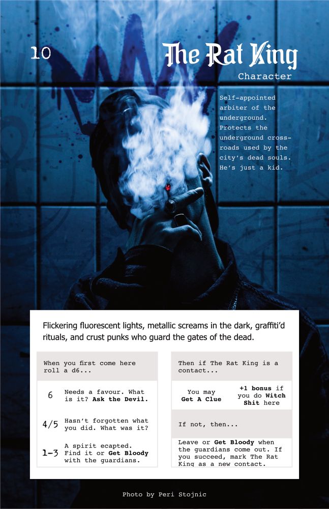 Full page showing a smoking man against a tile background hovered in graffiti and old ritual symbols. His face is obscured by smoke. White text calls him “The Rat King” and more describes the scenes and what happens when you meet him.