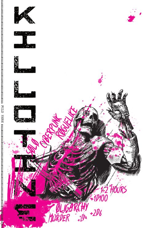 cover art for Killotine, showing a cybernetic corpse covered in magenta blood. 